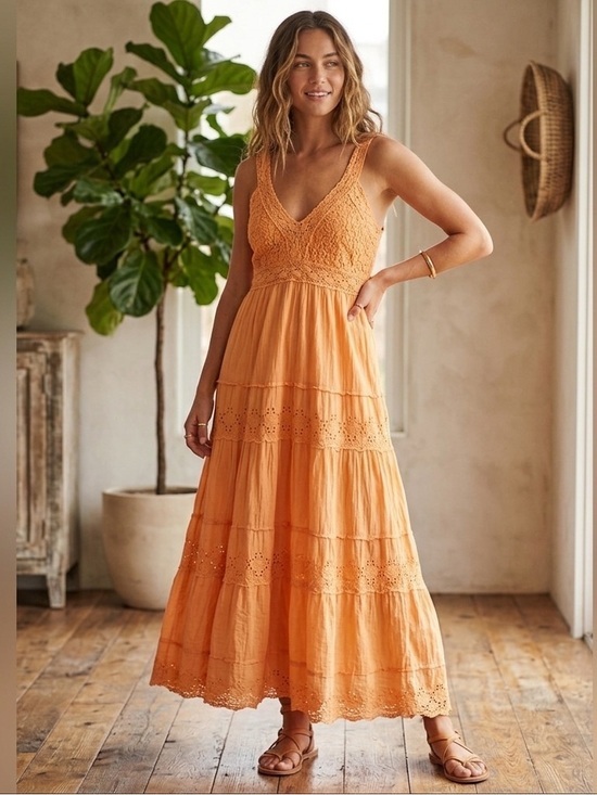 Rima Beachworld Dresses & Skirts - Rima Beachworld Womens S/M Maxi Dress Tiered Eyelet Crochet Orange Small